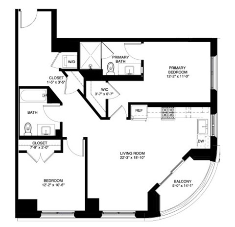 Floor plan for 2 beds, 2 baths, 1118 sqft